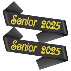 conggluuo senior 2025 sash, 2025 senior sash black sash with gold glitter finally graduated cheerleader graduation sash for graduation party supplies 2 pack senior sashes black gold 2pcs