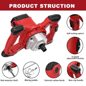 Cement Mixer, 2100W Handheld Electric Concrete Mixer, Portable Mortar Mixer with 6 Adjustable Speed, 110V Mud Mixer Machine Drill Tool for Paint Mortar Fodder Mixing Drywall Grout Plaster (Red)