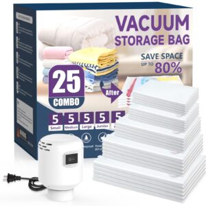 szo 25 pack vacuum storage bags with electric air pump,(5 jumbo/5 large/5 medium/5 small/5 roll up bags)vacuum seal bags for clothing travel, space saver bags for luggage, blankets,bedding,moving bags