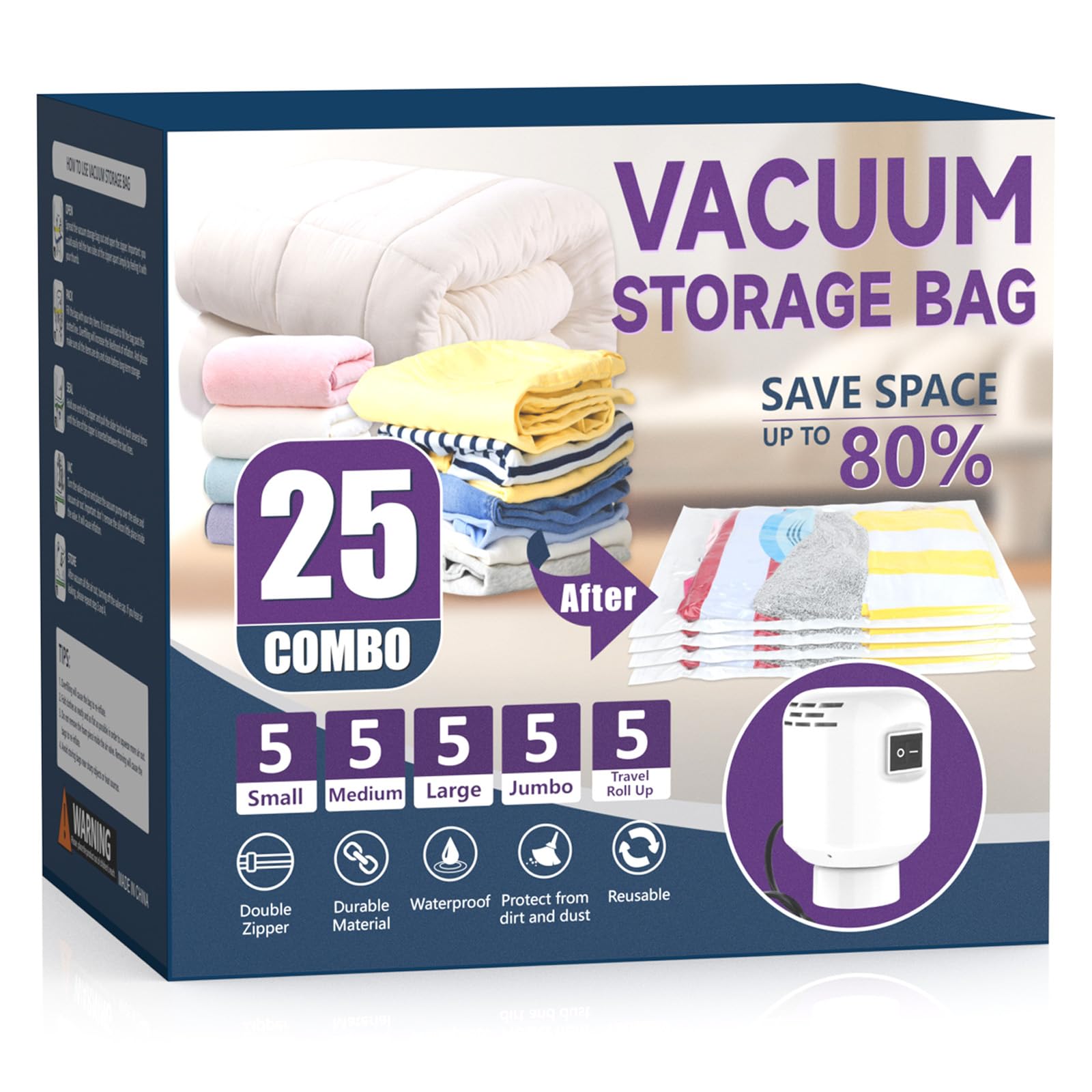 SZO 25 Pack Vacuum Storage Bags With Electric Air Pump,(5 Jumbo/5 Large/5 Medium/5 Small/5 Roll Up Bags)Vacuum Seal Bags For Clothing Travel, Space Saver Bags For Luggage, Blankets,Bedding,Moving Bags