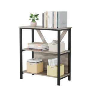 garveehome 3 tier bookshelf with led lights, bookcase with open display shelves, wood and metal standing bookshelf with storage rack for living room bedroom home office, grey