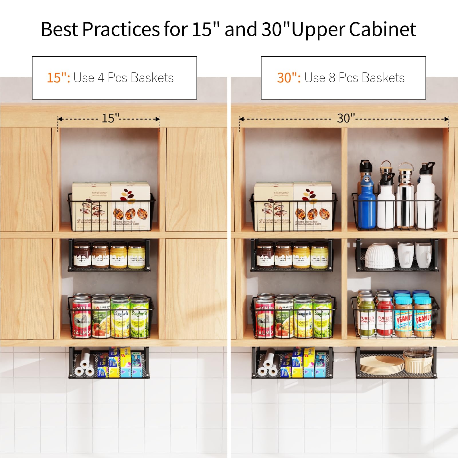 iSPECLE 4 Pack Cabinet Baskets - 2 Pack Under Shelf Baskets and 2 Pack Wire Baskets Add Storage Space, Easily Install with Adhesive for 15" and 30" Upper Cabinet, Wire Storage Basket Easy to Get Items