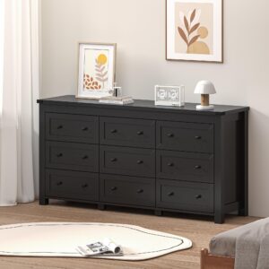 BORNOON 9-Drawer Dresser for Bedroom, Modern Wide Chest of Drawers, Wooden Storage Organizer for Closet, Living Room, Entryway, Home Office, Black Dresser with Ample Storage (Black)