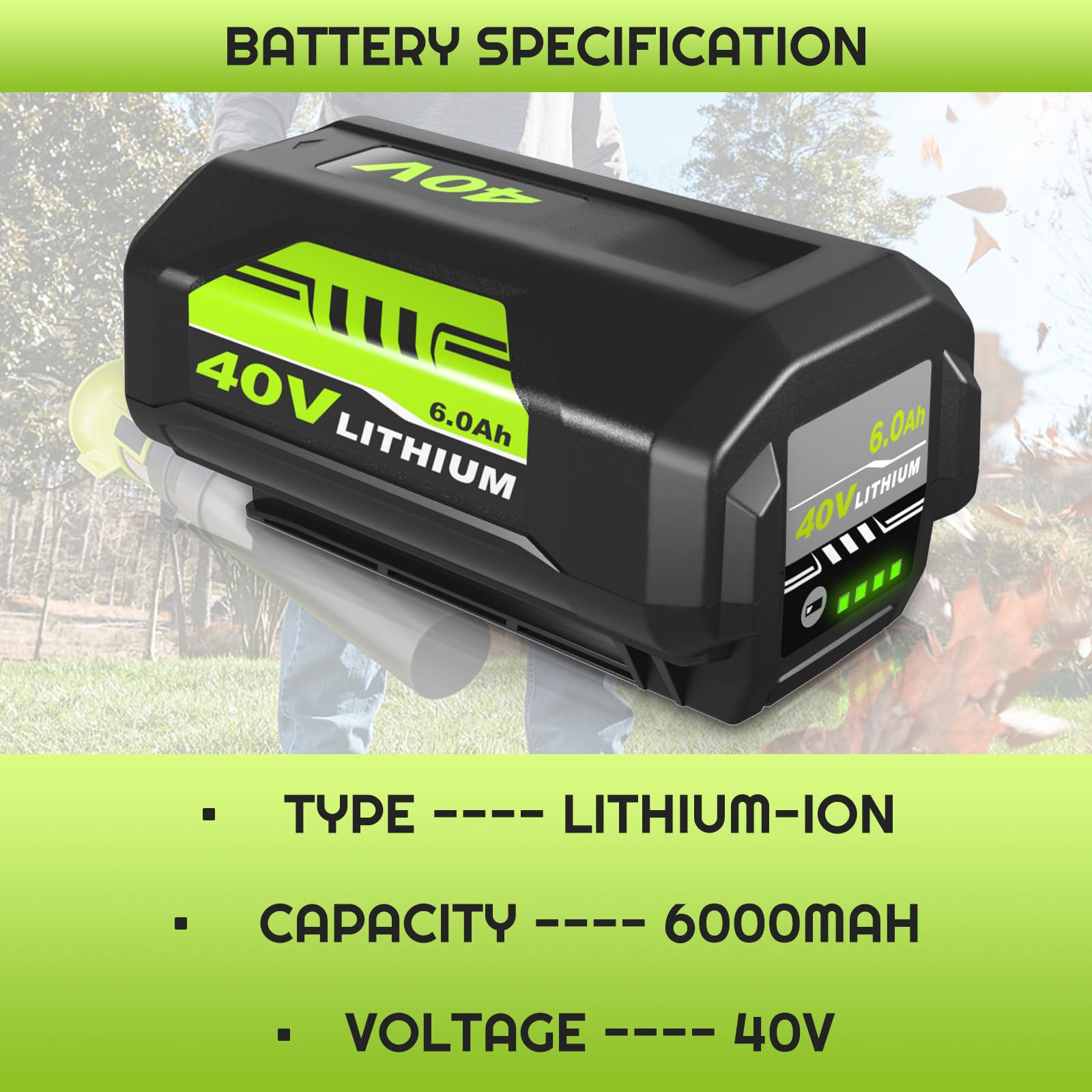 Forrat 6000mAh 40 Volt Lithium-ion Battery Replacement for Ryobi 40V Battery Compatible with Ryobi 40V Battery 6AH OP40601 OP4026A OP4040 OP4030 OP4050 OP4050A OP4015 Cordless Tools Battery (Green)