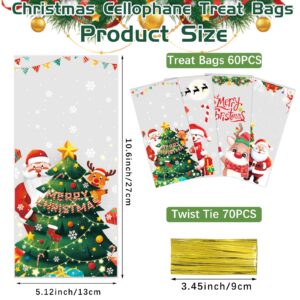 QOIUSO Christmas Treat Bags Cellophane Bags: 60 PCS Christmas Candy Bags with Ties for Goodie Snacks Gifts Wrapping, Clear Cellophane Xmas Gift Bags for Christmas Party Favor Supplies- 4 Style