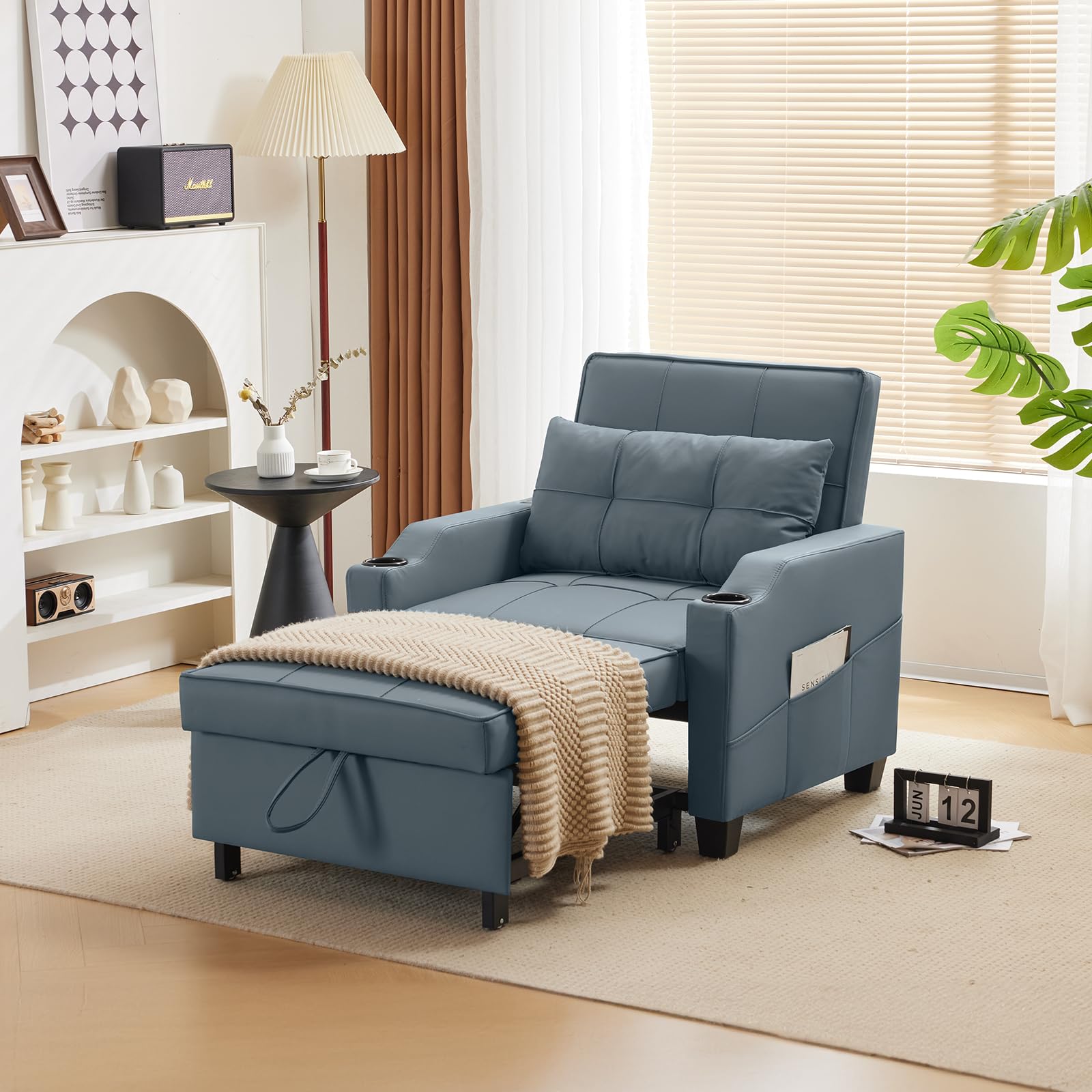 VINGLI Sofa Bed Chair Recliner, 3-in-1 Convertible Sleeper Sofa Chair Bed Blue Gray Daybed Pull Out Couch Bed with Adjustable Backrest, USB Ports, Cup Holders for Small Spaces Living Room