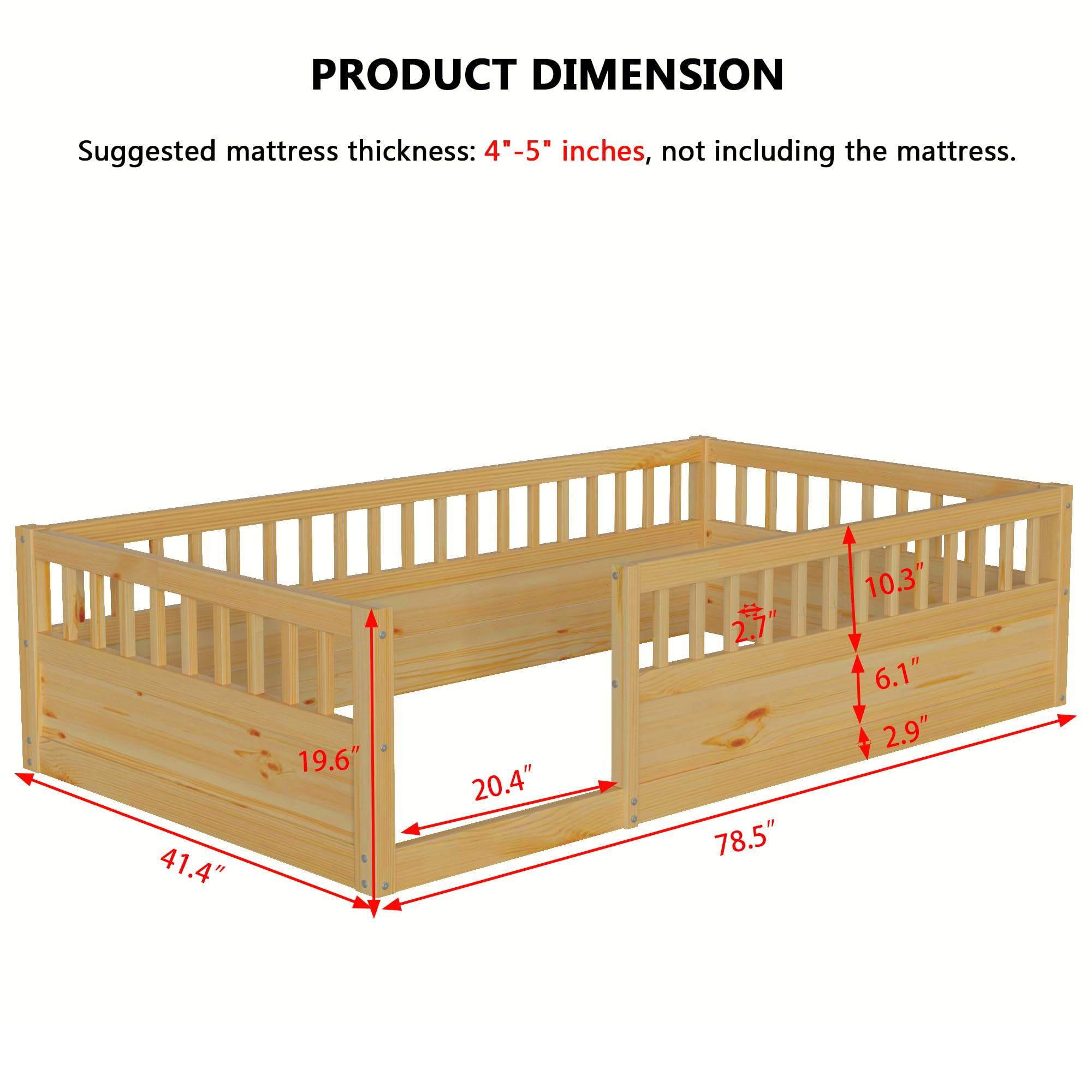 Bocarali Twin Size Montessori Floor Bed, Wood Floor Bed with High Fence, Twin Montessori Bed Frame for Kids Boys Girls, Natural, 78.5" L x 41.4" W x 19.6" H