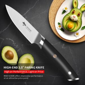 MAD SHARK 3.5 inch Paring Knives - Small Kitchen Knife Ergonomic Handle, Ultra Sharp Peeling Knife for Fruits,Vegetables and More - Forged Synergy by German Military Grade Composite Steel, Black