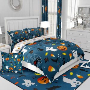 Erosebridal Happy Halloween Bedding Set King Size, Ghost Gothic Style Duvet Cover Pumpkin Candies Comforter Cover for Kids Boys Teens Adult, Spider Bat Reptile Quilt Cover, Dark Blue