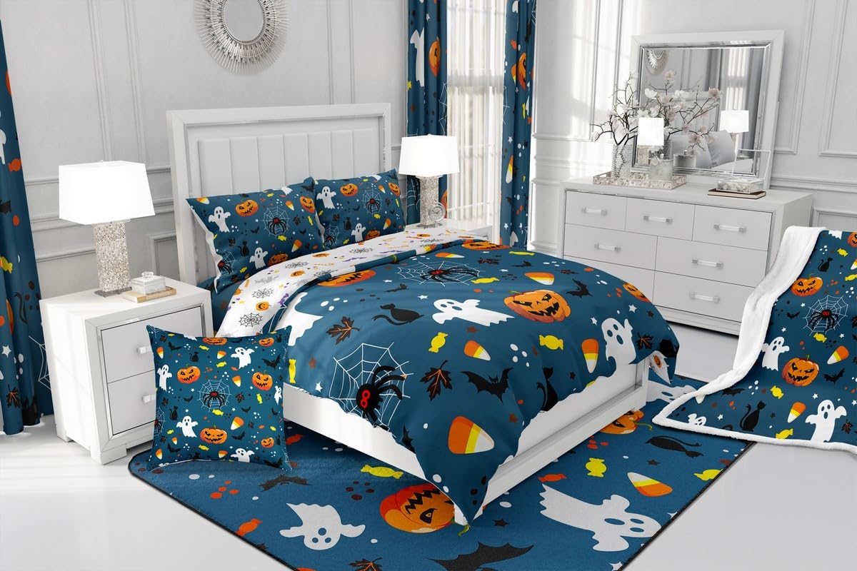 Erosebridal Happy Halloween Bedding Set King Size, Ghost Gothic Style Duvet Cover Pumpkin Candies Comforter Cover for Kids Boys Teens Adult, Spider Bat Reptile Quilt Cover, Dark Blue