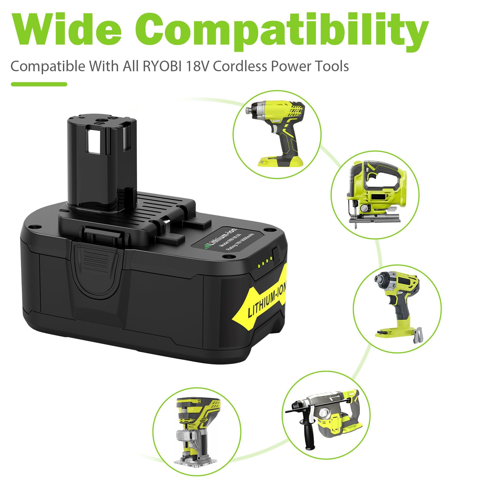 Upgraded P117 21V 3A Rapid Charger + 2 Pack 6.0Ah 18V RB18L50 Lithium Battery Combo for RYOBI P108 P102 P104 High Capacity Cordless Tool Batteries