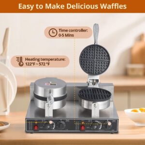 PioneerWorks Commercial Waffle Maker 2600W, Round Waffle Iron, Non-Stick Rotatable Waffle Baker Machine, Stainless Steel Round Commercial Waffle Maker for Restaurant, 50°C-300°C Temp Range, 110V