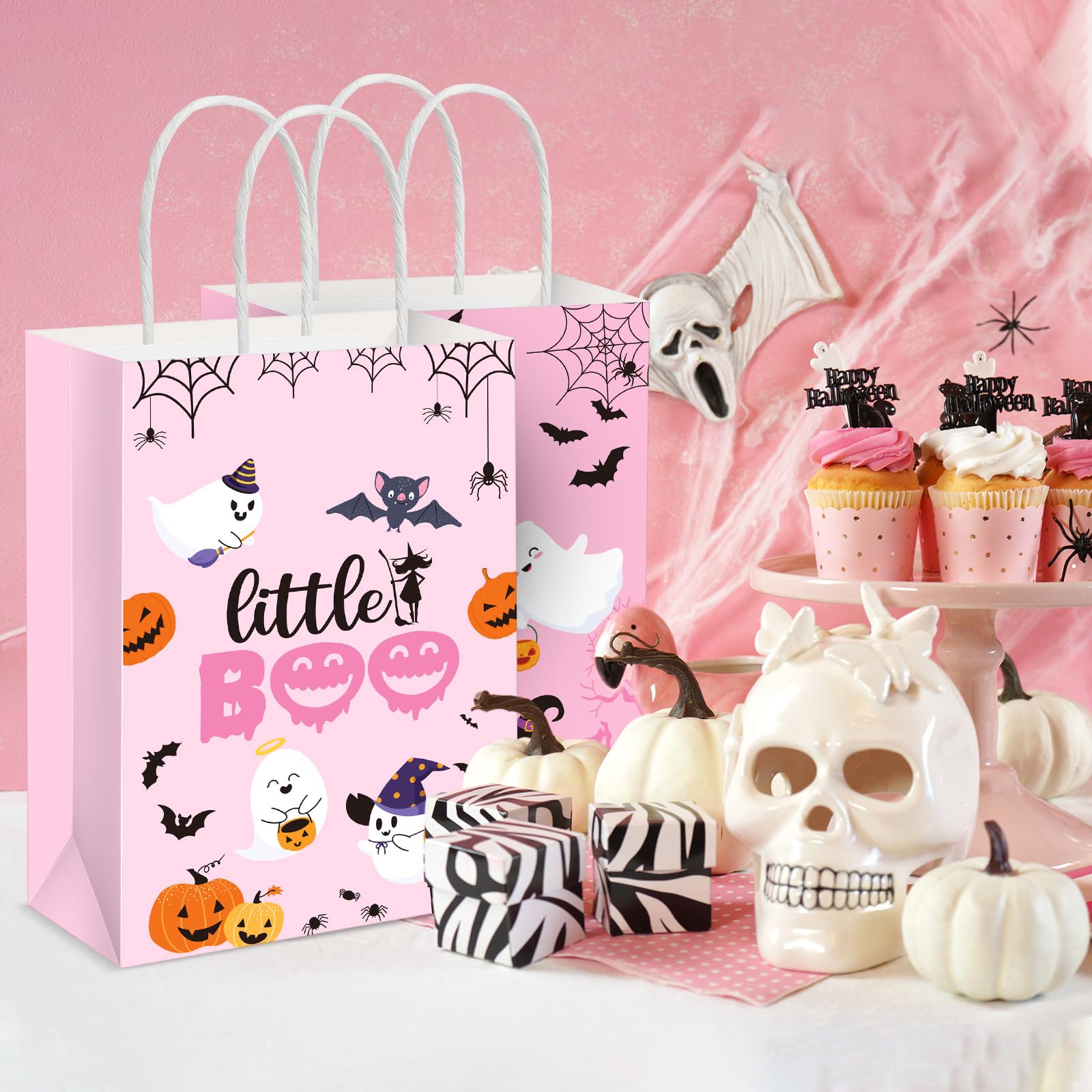 Kolldenn 12 Pieces Pink Halloween Treat Bags with Handle Little Boo Gift Bags Pink Halloween Candy Bags Boo Party Favor Bags for Halloween Party Decor