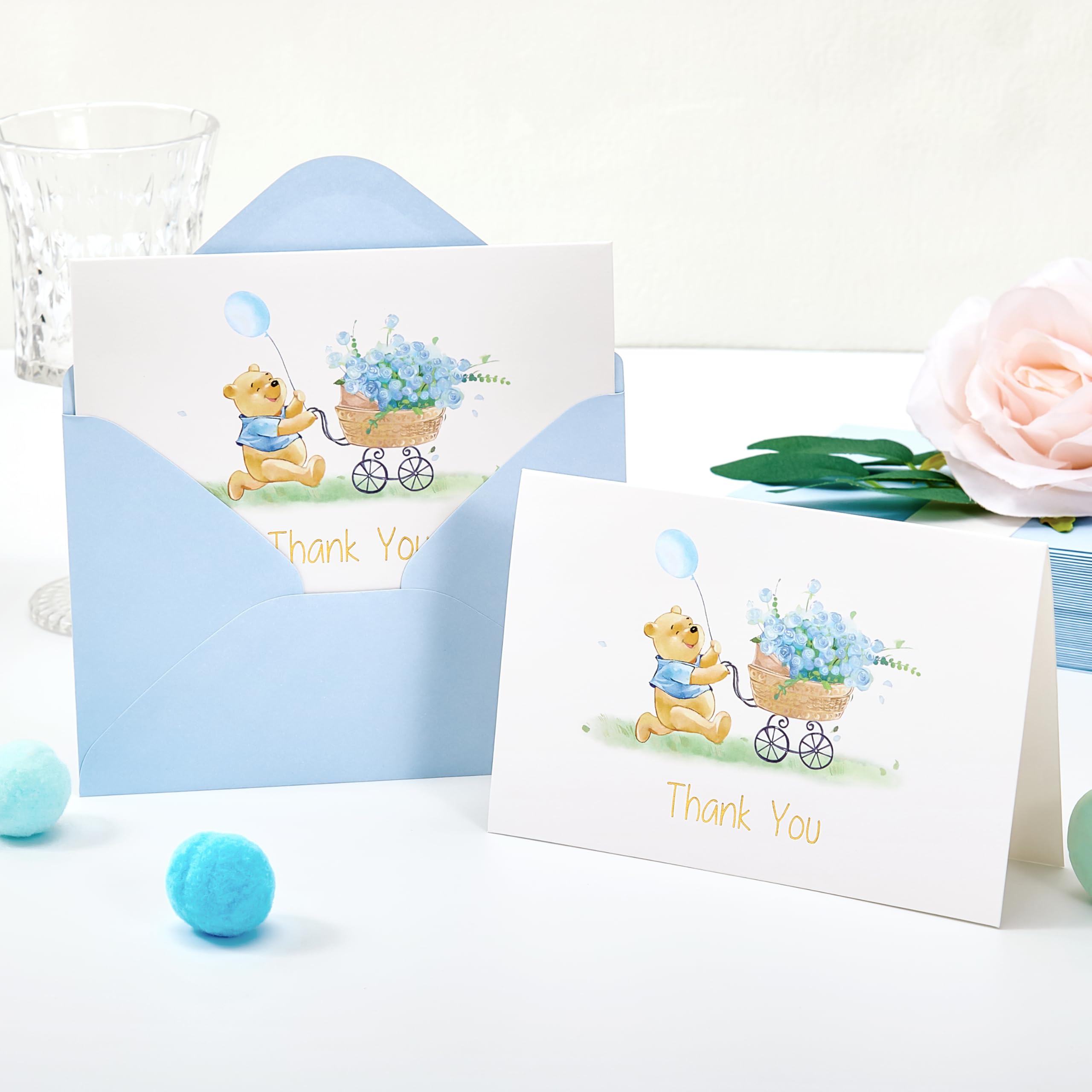 Crisky Baby Shower Blue Gold Foil Thank You Cards with Envelopes 50 Pack Greeting Notes Bulk (Cute Bear with Baby Carriage)