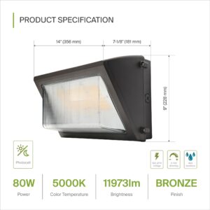 ASD 80W LED Wall Pack Light with Dusk to Dawn Photocell, 5000K 11973LM 120-277V, Dimmable Commercial LED Wallpack Security Lights, Outdoor Wall Light for Building, Parking Lot, UL DLC Premium, Bronze