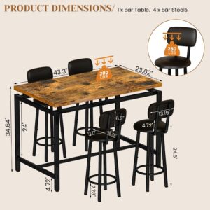 DKLGG Dining Table Set for 4 Modern Bar Table and Chairs Set, Modern Kitchen Table with 4 PU Upholstered Backrest Stool, Counter Height Table Set for Breakfast Nook & Small Space (Rustic Brown)