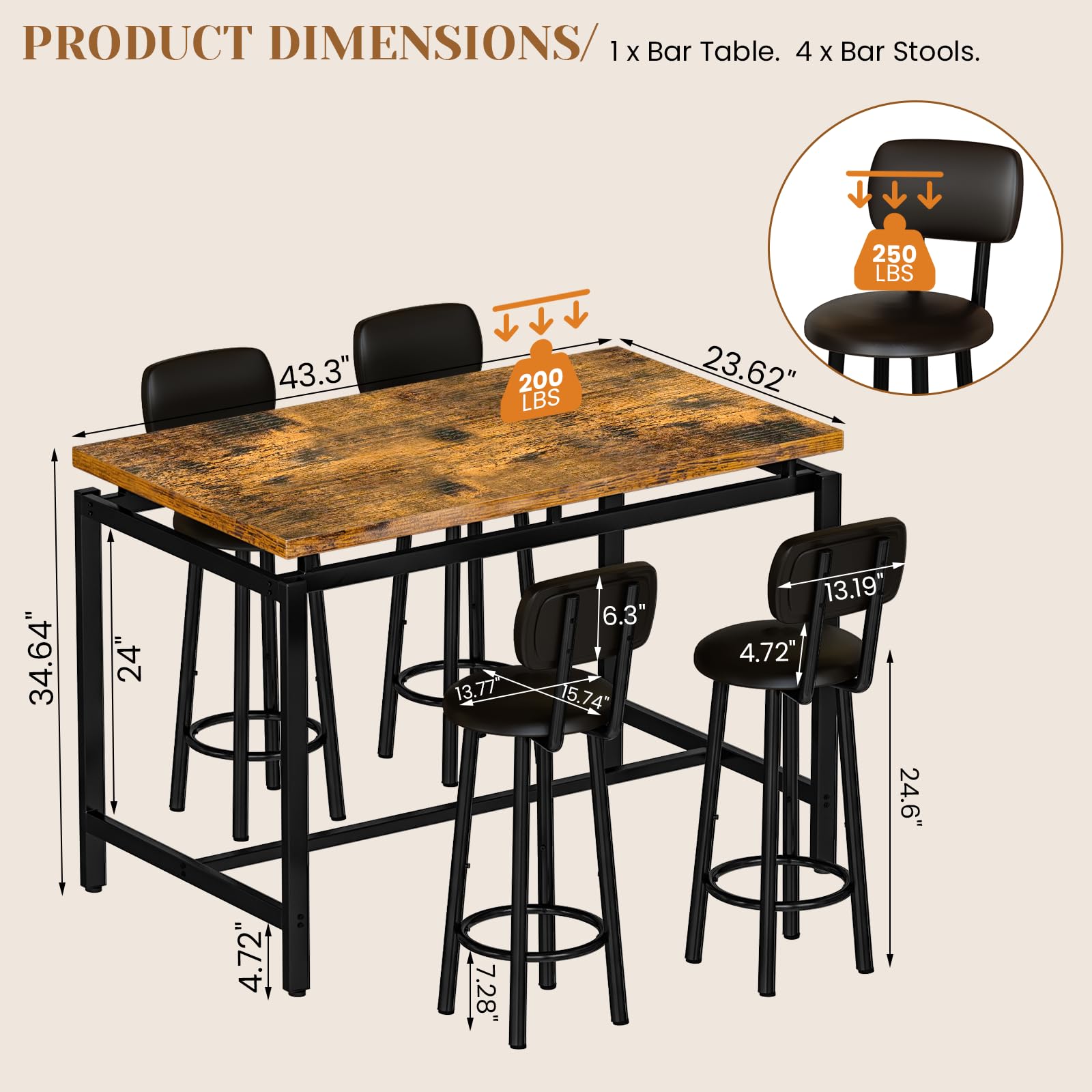 DKLGG Dining Table Set for 4 Modern Bar Table and Chairs Set, Modern Kitchen Table with 4 PU Upholstered Backrest Stool, Counter Height Table Set for Breakfast Nook & Small Space (Rustic Brown)