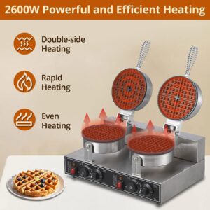 PioneerWorks Commercial Waffle Maker 2600W, Round Waffle Iron, Non-Stick Rotatable Waffle Baker Machine, Stainless Steel Round Commercial Waffle Maker for Restaurant, 50°C-300°C Temp Range, 110V