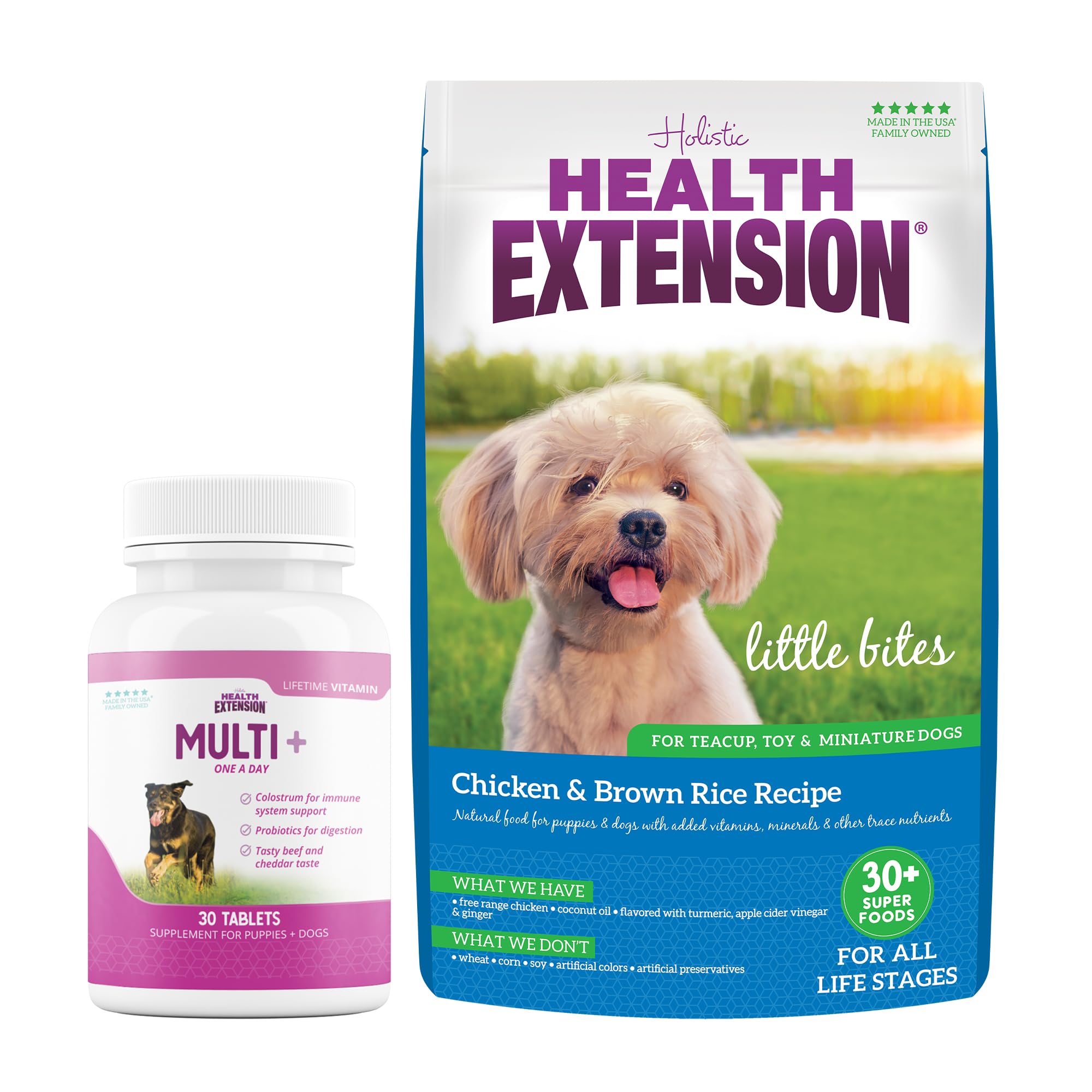 Health Extension Bundle - Little Bites Dry Dog Food Chicken & Brown Rice Recipe (4 lbs) & Multivitamin (30 Tablets) - High-Protein, Balanced Nutrition for Dogs of All Life Stages