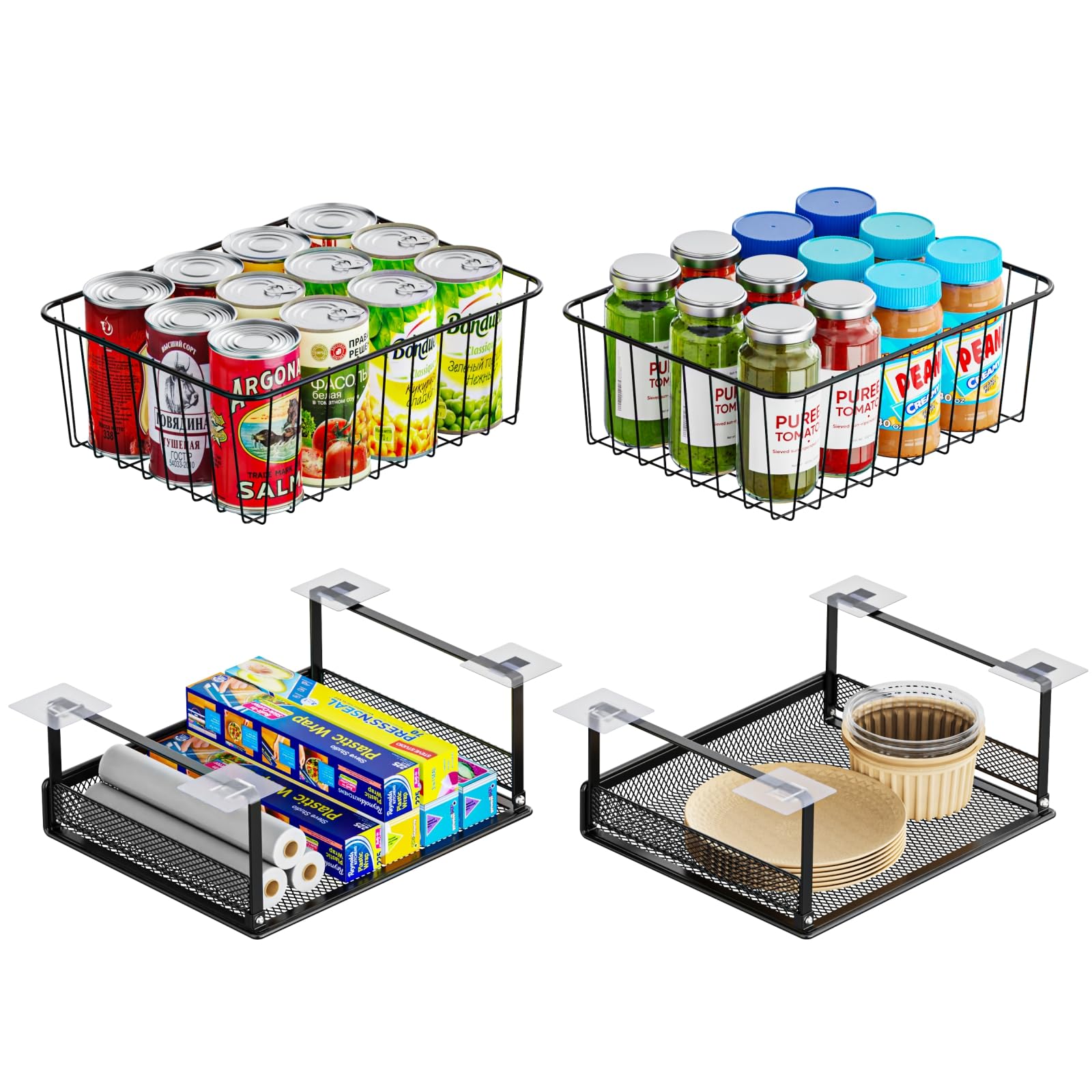 iSPECLE 8 Pack Cabinet Baskets - 4 Pack Wire Storage Baskets and 4 Pack Under Shelf Storage Add Space for 15" & 30" Upper Cabinet Easily Install with Adhesive, Under Shelf Wire Basket Get Items Easily