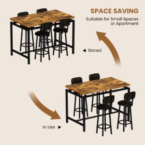 DKLGG Dining Table Set for 4 Modern Bar Table and Chairs Set, Modern Kitchen Table with 4 PU Upholstered Backrest Stool, Counter Height Table Set for Breakfast Nook & Small Space (Rustic Brown)