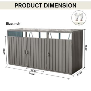 SumVille Garbage Bin Shed Stores 3 Trash Cans Metal Outdoor Bin Shed for Garbage Storage,Stainless Galvanized Steel, Bin Shed for Garden Yard Lawn,Grey