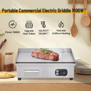 Towallmark 1600W 22" Electric Countertop Flat Top Griddle Grill Commercial Restaurant Teppanyaki Grill Stainless Steel Tabletop Flat Top Grill Machine with Adjustable Thermostatic Control,110V