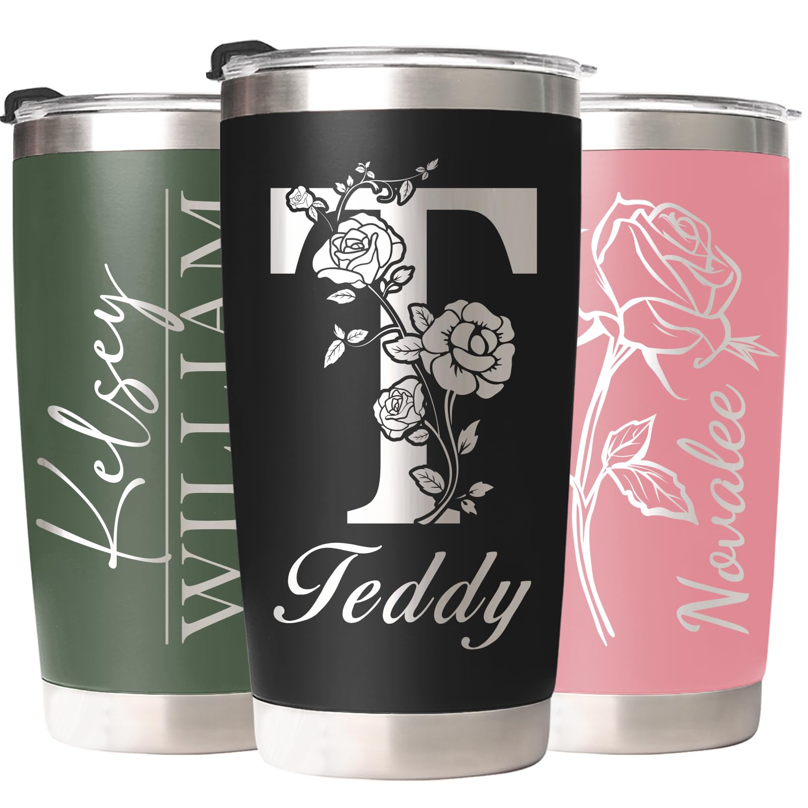 Personalized Tumbler with Names - Custom Tumblers Personalized 20 Oz Coffee Tumbler with Engraving Name on Both Sides - Personalized Cups with Names Gifts for Women Men, 18 Designs