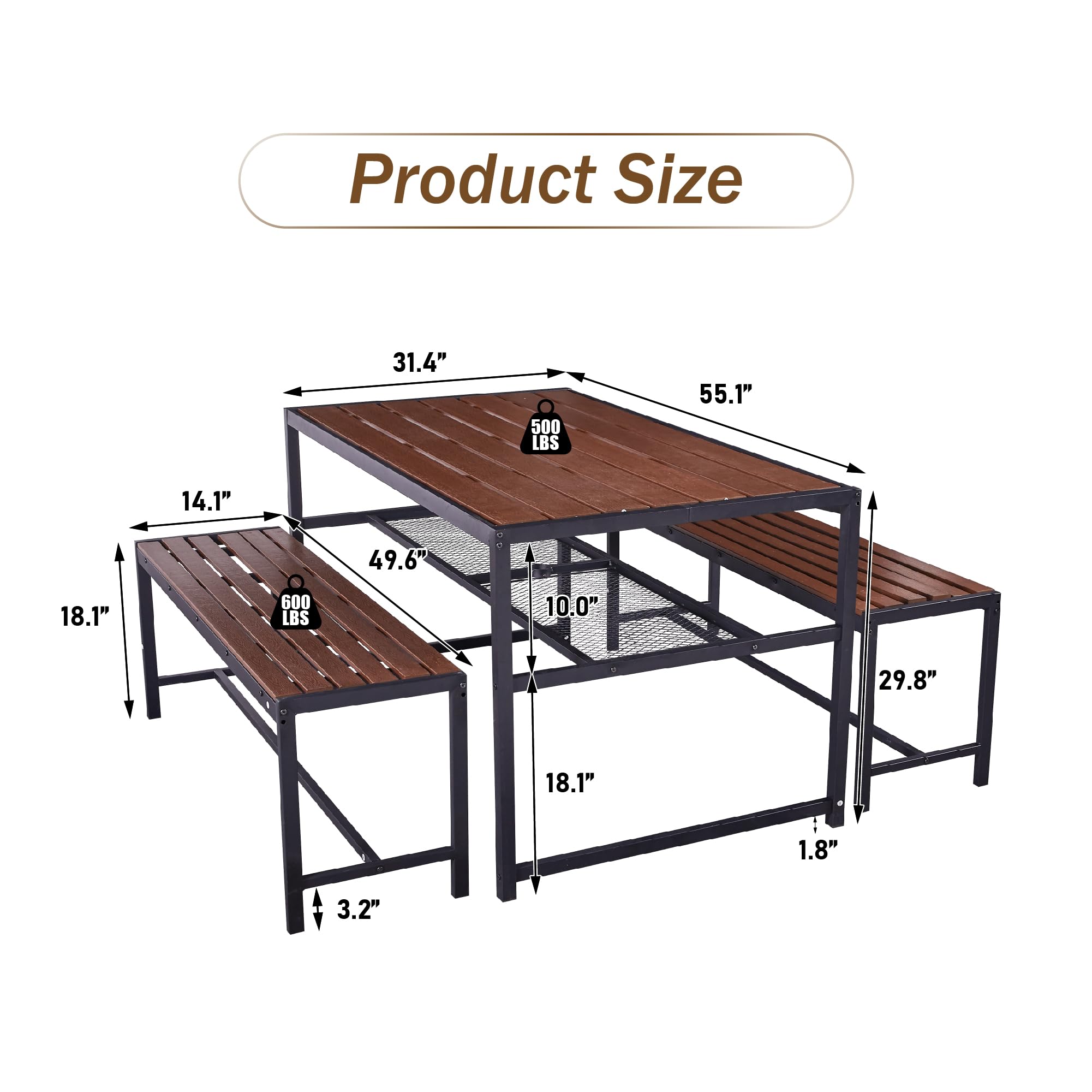 Outdoor Dining Set Picnic Table and Benches with 2" Umbrella Hole and Storage Shelf, Plywood Patio Dining Sets for 4-6 People, All-Weather Picnic Set for Garden Backyard Poolside - Brown