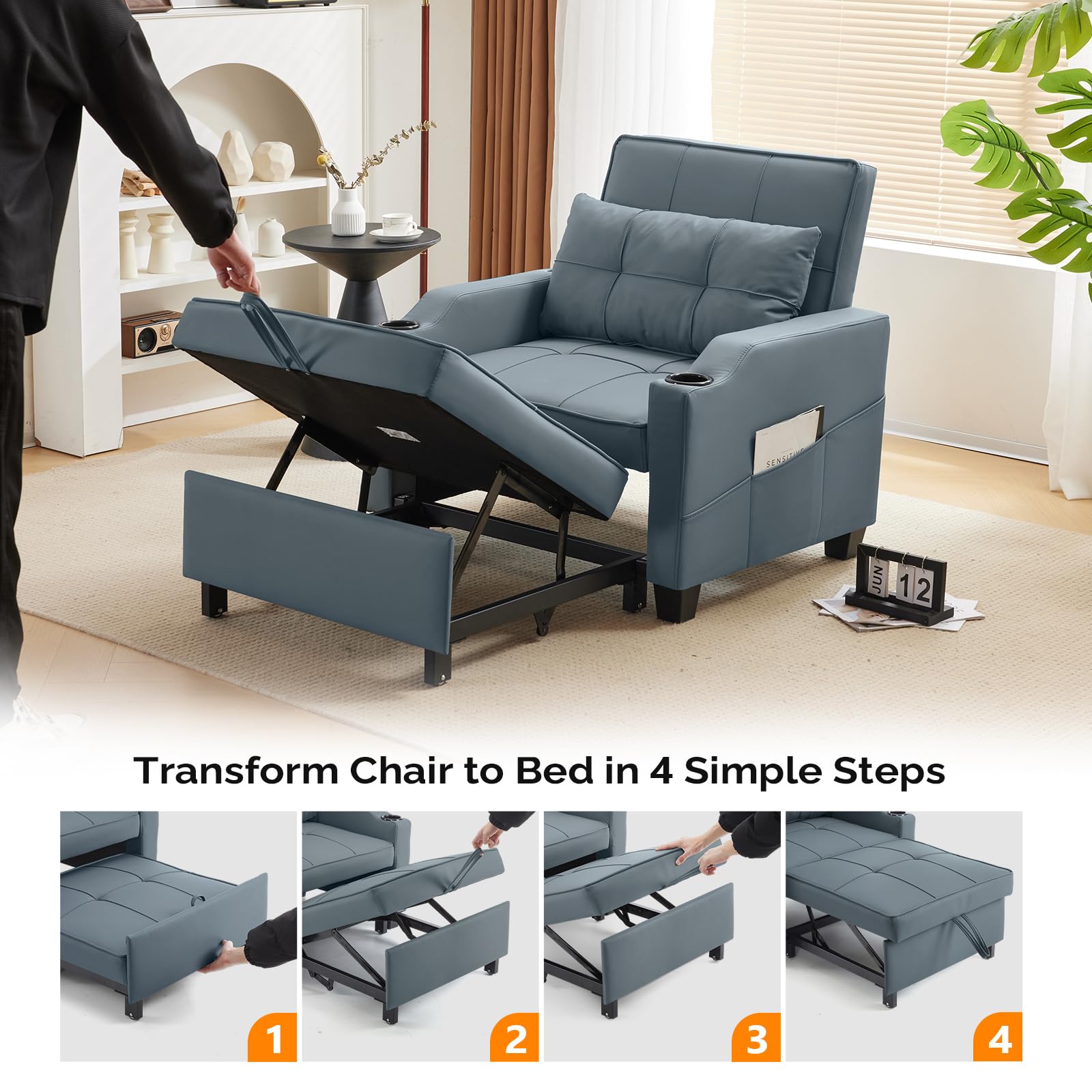 VINGLI Sofa Bed Chair Recliner, 3-in-1 Convertible Sleeper Sofa Chair Bed Blue Gray Daybed Pull Out Couch Bed with Adjustable Backrest, USB Ports, Cup Holders for Small Spaces Living Room