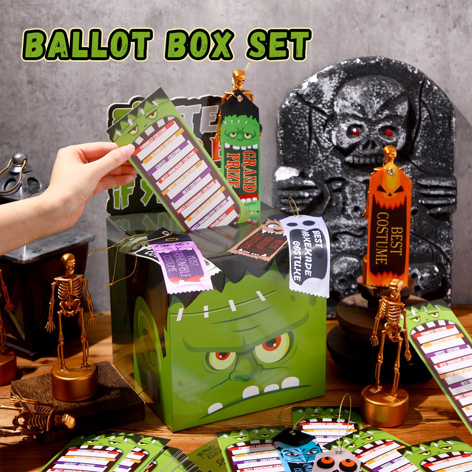 Seenelling 51 Pack Halloween Party Costume Contest Ballot Set Include Halloween Costume Contest Ballot Box, 40 Voting Ballots and 10 Award Ribbons for Halloween Witch Cosplay Party