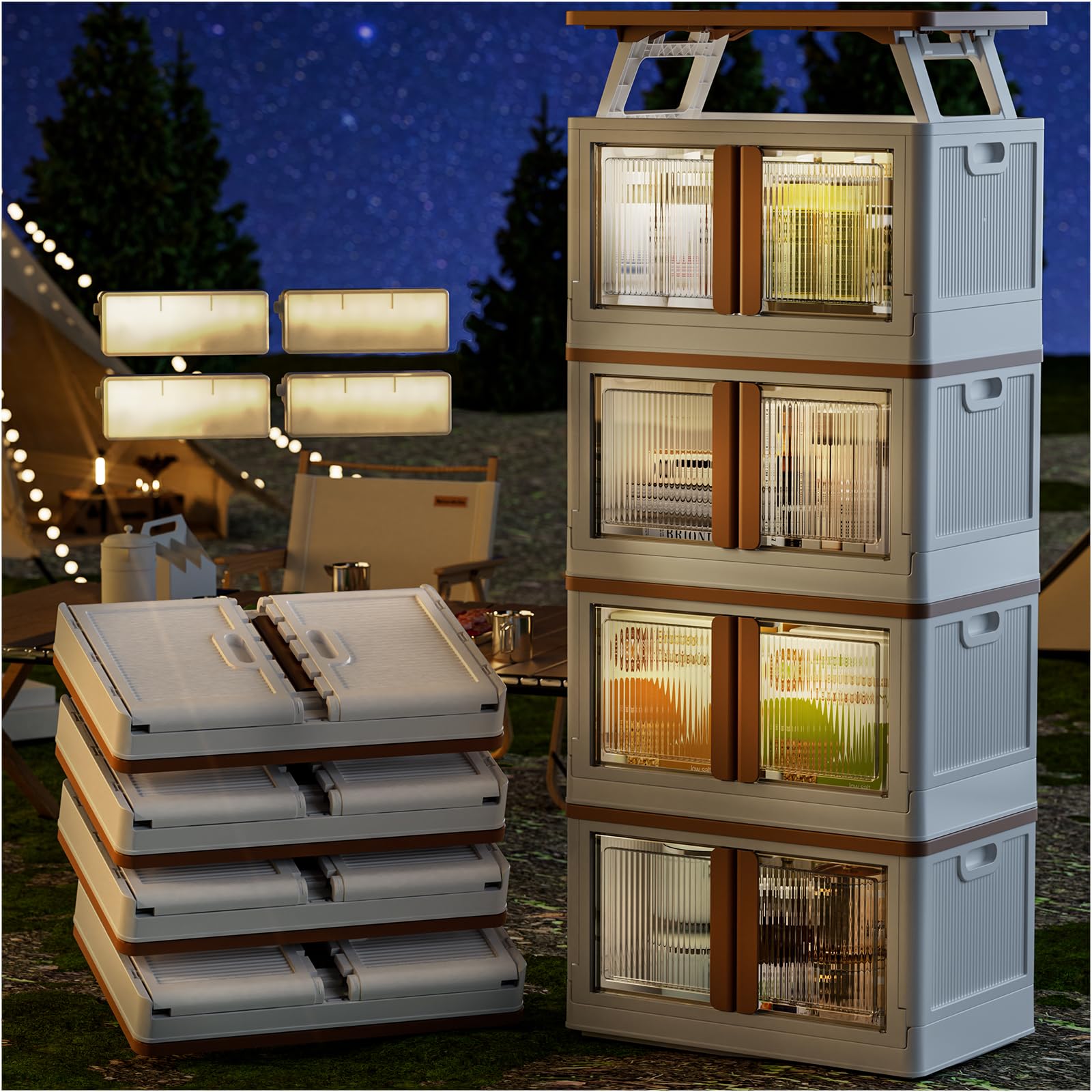 HAIXIN Storage Bins with Lights100 Gallon - Large Stackable Storage Cabinets with Wheels Tabletop & Lights, 78 Qt*4 Plastic Storage Containers for Bedroom Patio Camping Closet Organizers and Storage