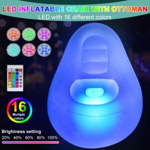 MIICASA LED Light Inflatable Chair with Ottoman, Blow Up Illuminated Air Sofa, Folding Lazy Sofa, Inflatable Lounge, Inflatable Couch Without Pump for Indoor Outdoor Camping Party Beach Hiking Yard