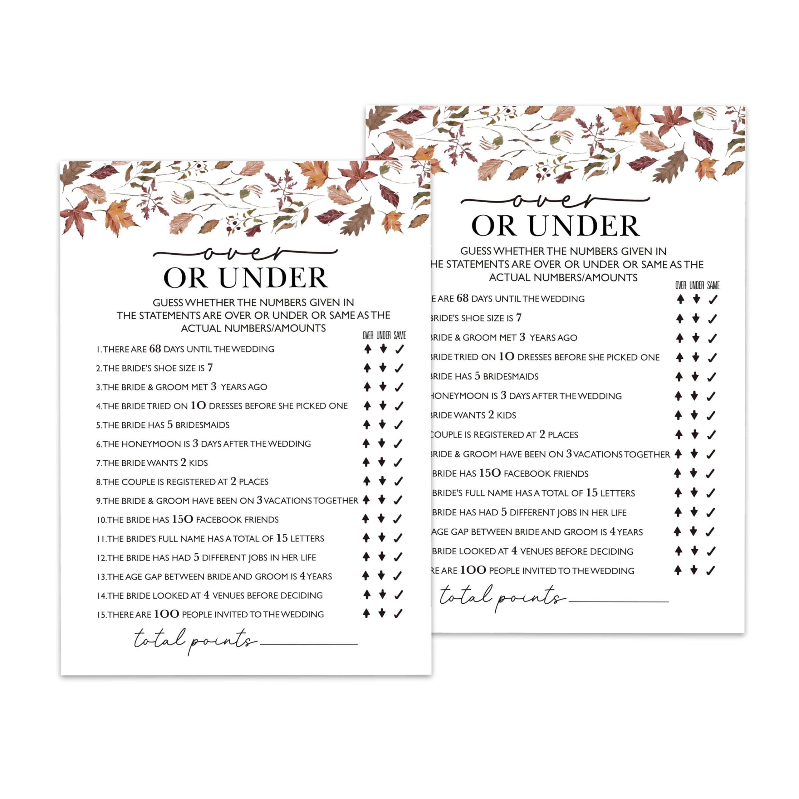 Fall Bridal Shower Games – 25 Pack, Over Or Under Game, Autumn Floral Wedding Shower Games Cards, Newlyweds Party Decoration, Engagement Party Games, Bachelorette Party Ideas -06