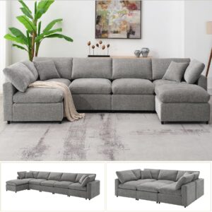 onemmlion 130" modular sectional sofa cloud couches for living room, convertible oversized sectional sleeper sofa bed, modern deep seat comfy fluffy chenille 6 seat u shaped couch with ottoman, grey