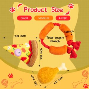 Squeaky Toys for Dogs – Fun Interactive Food-Themed Set，Pizza，Drumstick，and Sausage Rope，Durable Tug Toy and Chew Toy，Ideal for Small & Medium Dogs and Strong Chewer，Safer Non-Toxic Materials