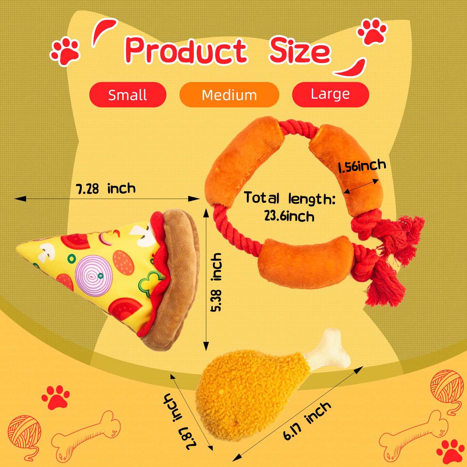 Squeaky Toys for Dogs – Fun Interactive Food-Themed Set，Pizza，Drumstick，and Sausage Rope，Durable Tug Toy and Chew Toy，Ideal for Small & Medium Dogs and Strong Chewer，Safer Non-Toxic Materials