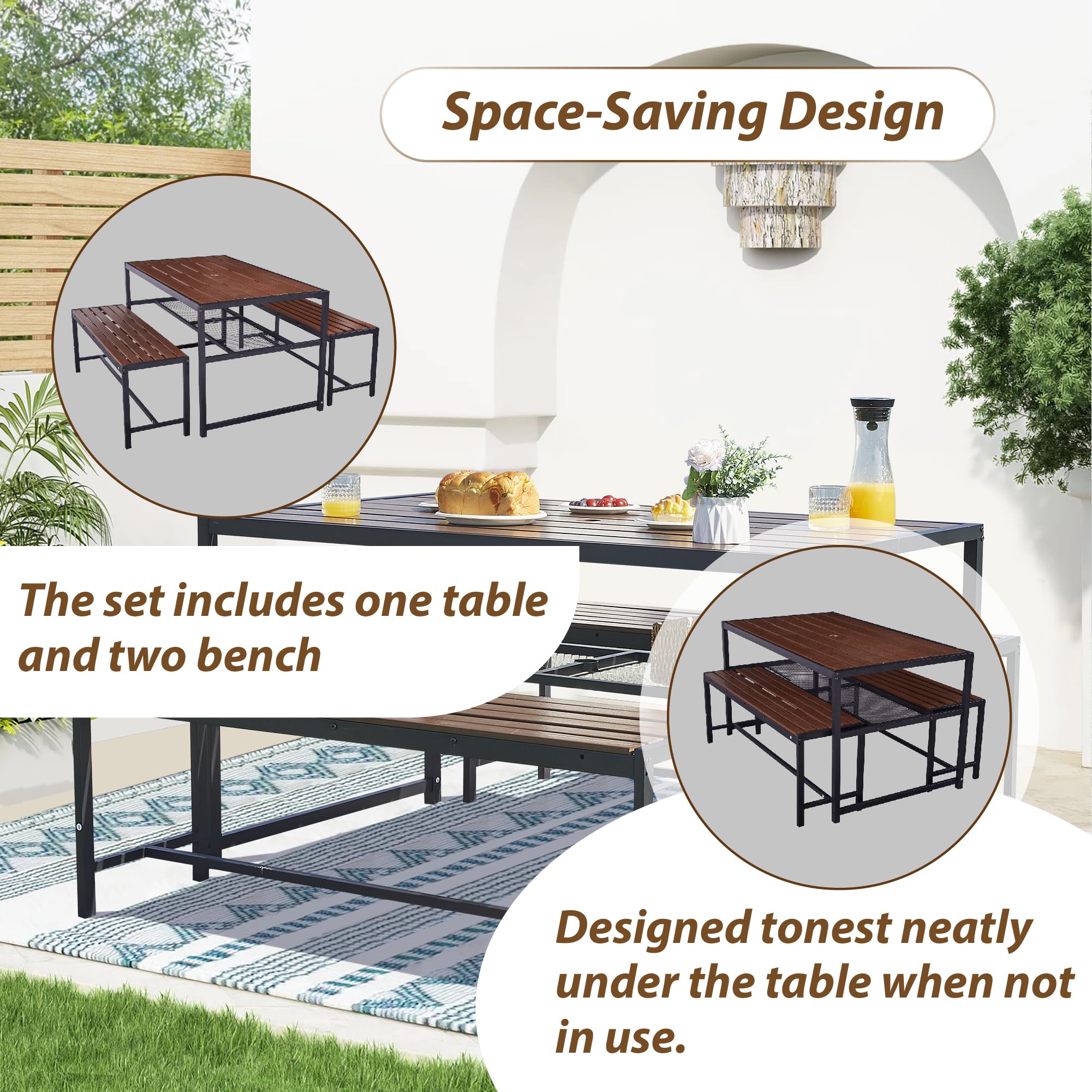 Outdoor Dining Set Picnic Table and Benches with 2" Umbrella Hole and Storage Shelf, Plywood Patio Dining Sets for 4-6 People, All-Weather Picnic Set for Garden Backyard Poolside - Brown