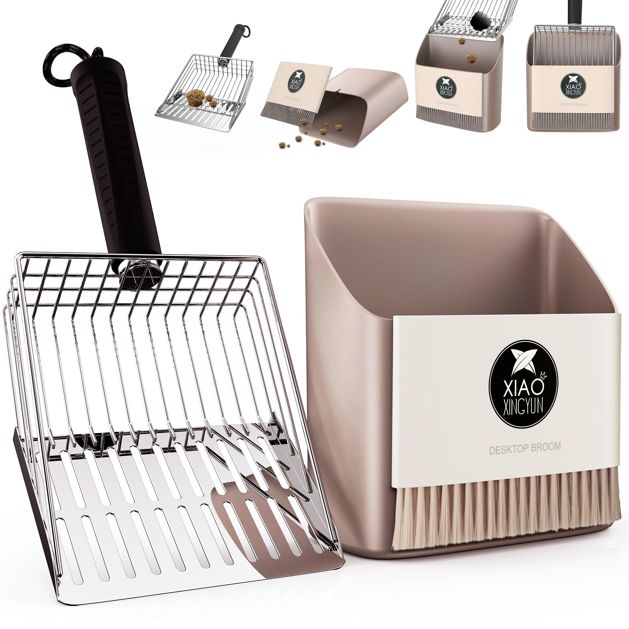 Cat Litter Scoop Kit, Metal Litter Scoop Includes Portable Small Broom and Dustpan Set, Heavy Duty Cat Litter Scoop, Litter Scoop with Coarse and Fine Grid, Quick Sift and Easy Clean Litter Scooper