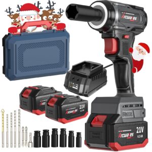 impact wrench, 21v cordless impact wrench, 260ft-lbs(350n.m) brushless electric impact wrench, 2500rpm torque impact gun,2x 4.0ah batteries impact wrench with led ring light and hammer function