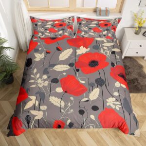 feelyou poppy flower bedding set queen size kids garden floral bltanical comforter cover set for boys girls teens red poppy leaves duvet cover dark grey bedspread cover (no comforter)