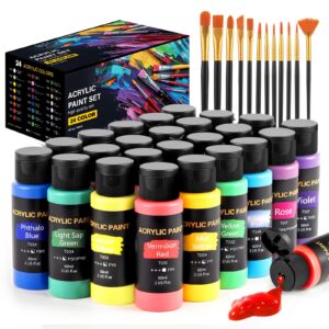 acrylic paint set, 24 colors (2 oz/bottle) with 12 art brushes, art supplies for painting canvas, wood, ceramic & fabric, rich pigments lasting quality for beginners, students & professional artist