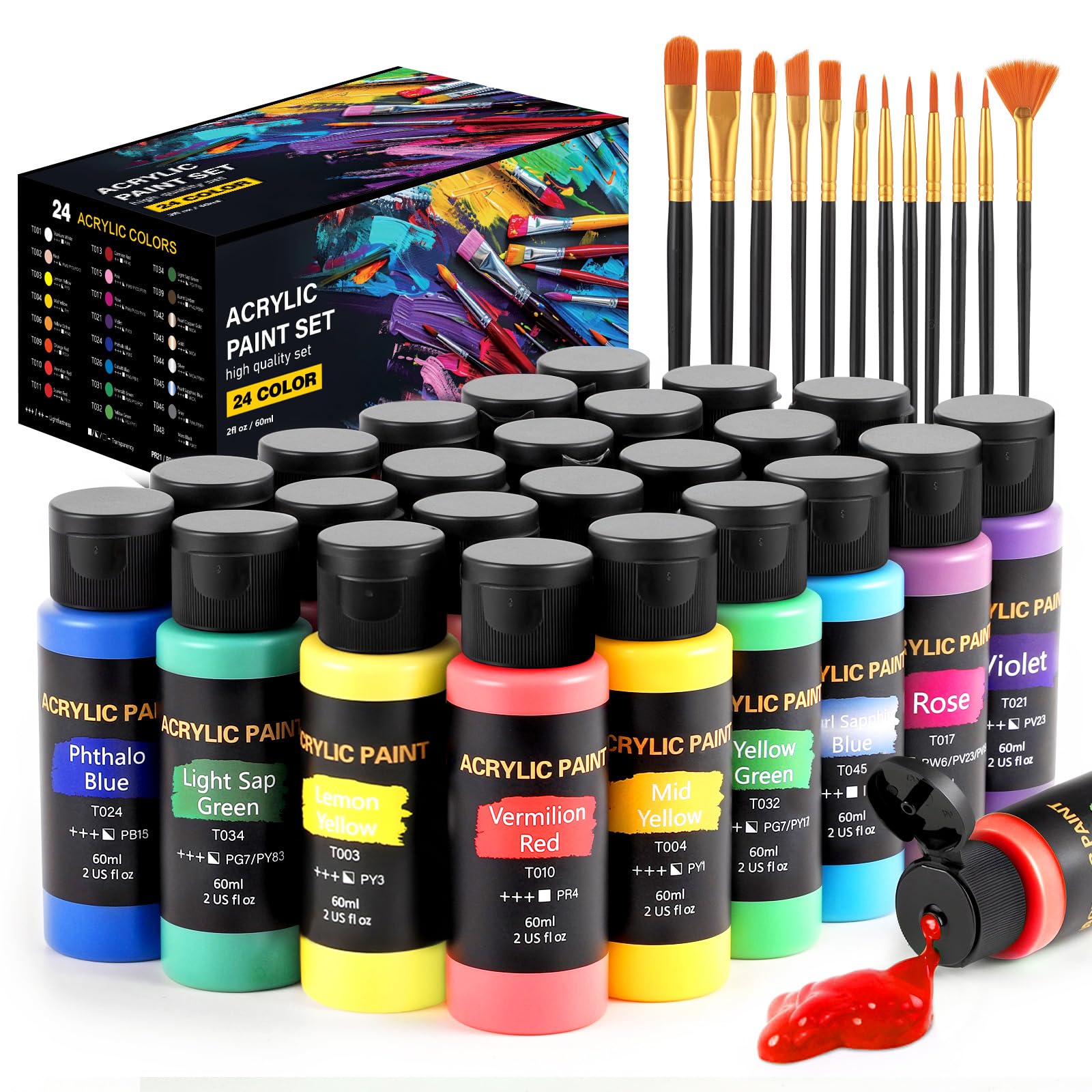 Acrylic Paint Set, 24 Colors (2 oz/Bottle) with 12 Art Brushes, Art Supplies for Painting Canvas, Wood, Ceramic & Fabric, Rich Pigments Lasting Quality for Beginners, Students & Professional Artist