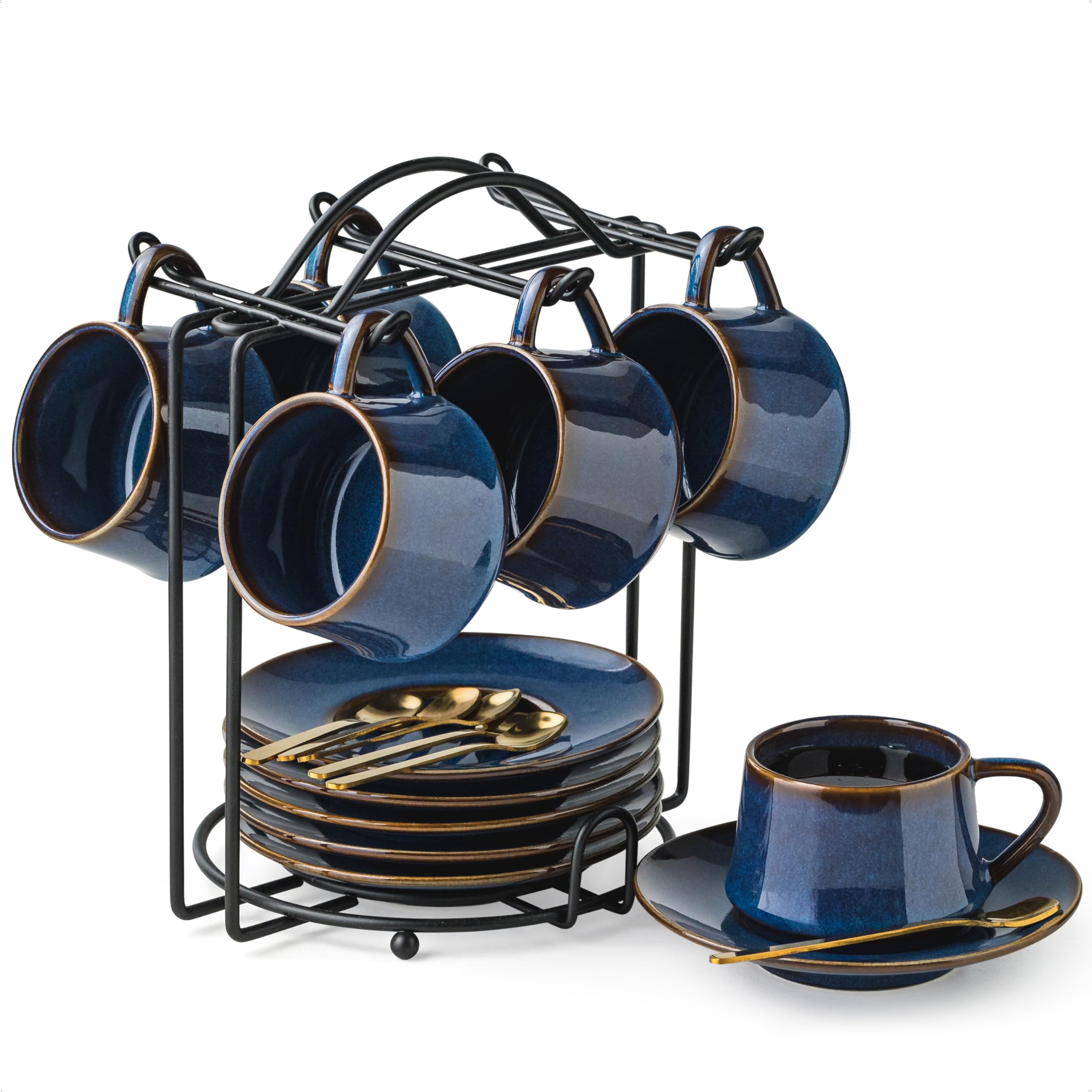 YHOSSEUN Espresso Cups Set of 6, 4 OZ Expresso Shots Cup Small Coffee Cup with Sacuers Metal Stand, Ceramic Espresso Cups for Cappuccino, Latte, Cafe Mocha and Tea, Blue