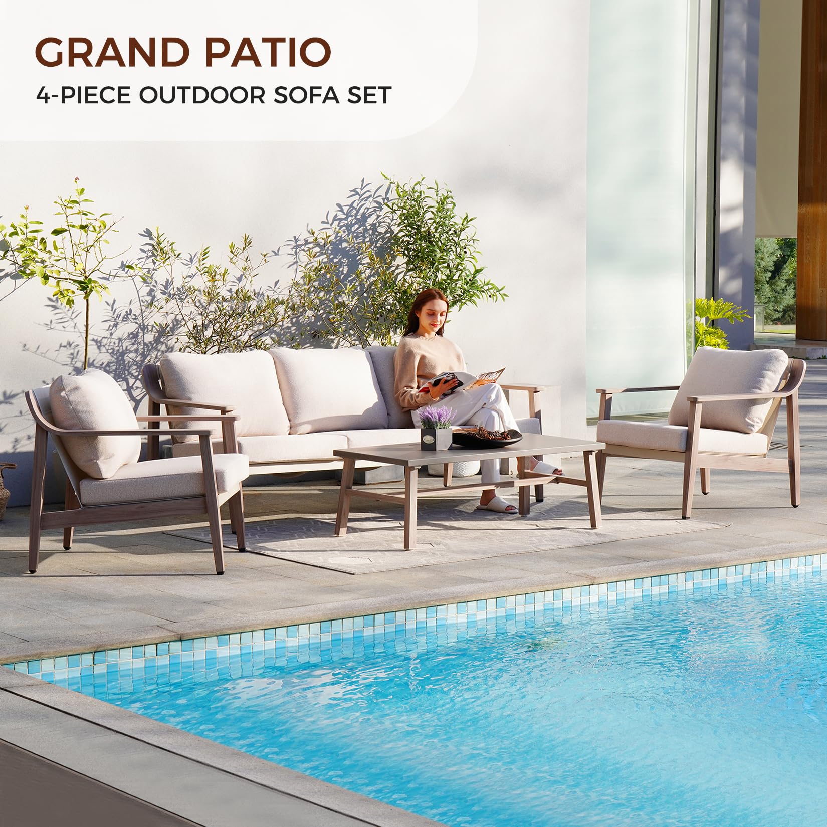 Grand patio Outdoor Furniture Set, 4-Piece Aluminum Patio Furniture Set with Heavy Duty Coffee Table and Waterproof Olefin Cushions, Modern Cozy Sling Outdoor Patio Sofa for Backyard Deck Poolside