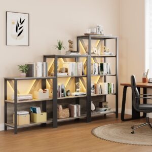 GarveeHome 3 Tier Bookshelf with LED Lights, Bookcase with Open Display Shelves, Wood and Metal Standing Bookshelf with Storage Rack for Living Room Bedroom Home Office, Grey