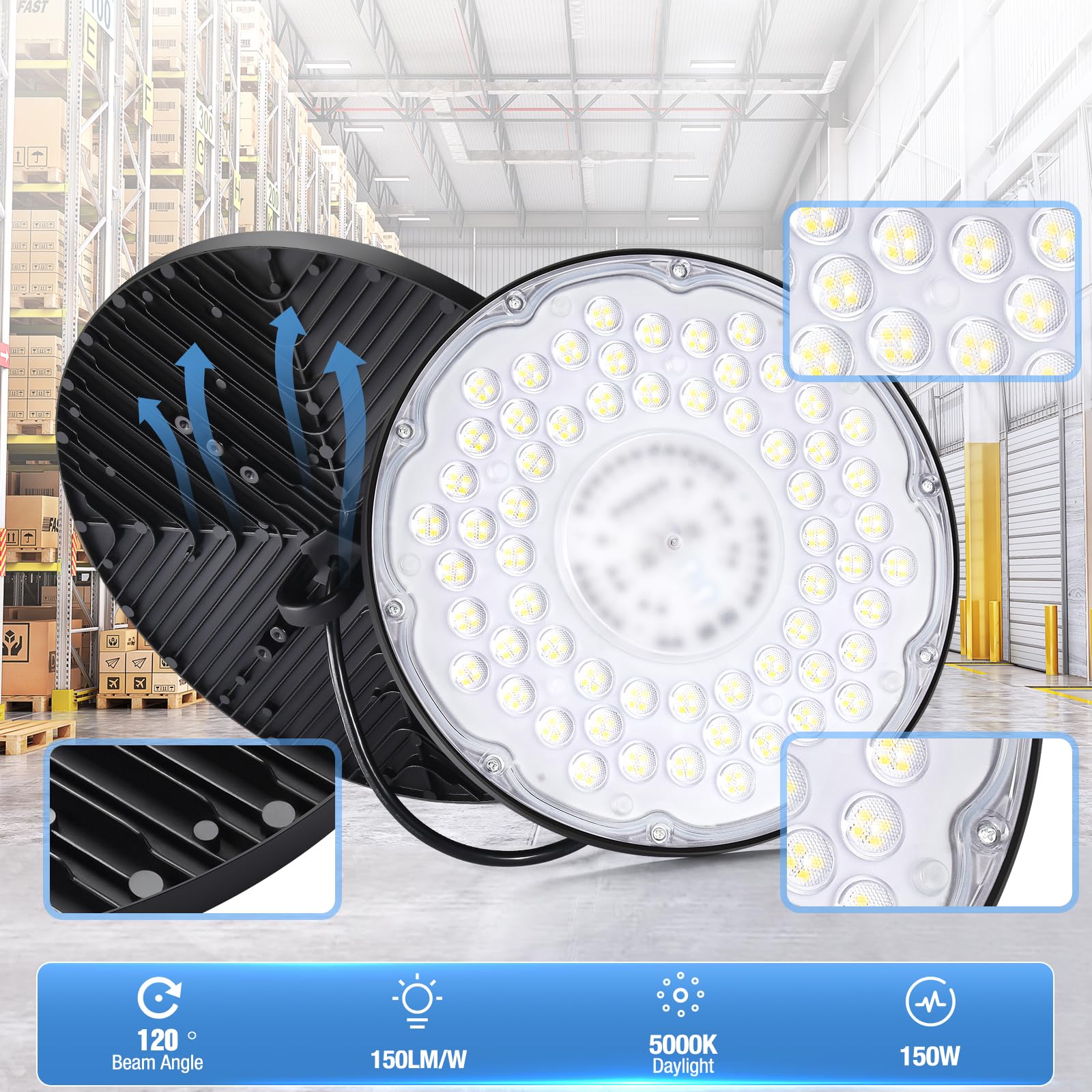 YANYCN 20 Pack 150W UFO Led High Bay Light Fixture,6000K Daylight Commercial Shop Bay Lighting,120VAC,21000LM,[650W MH/HPS Equiv.] US Plug Area Lighting for Garage/Warehouse/Barn/Gym/Factory/Workshop