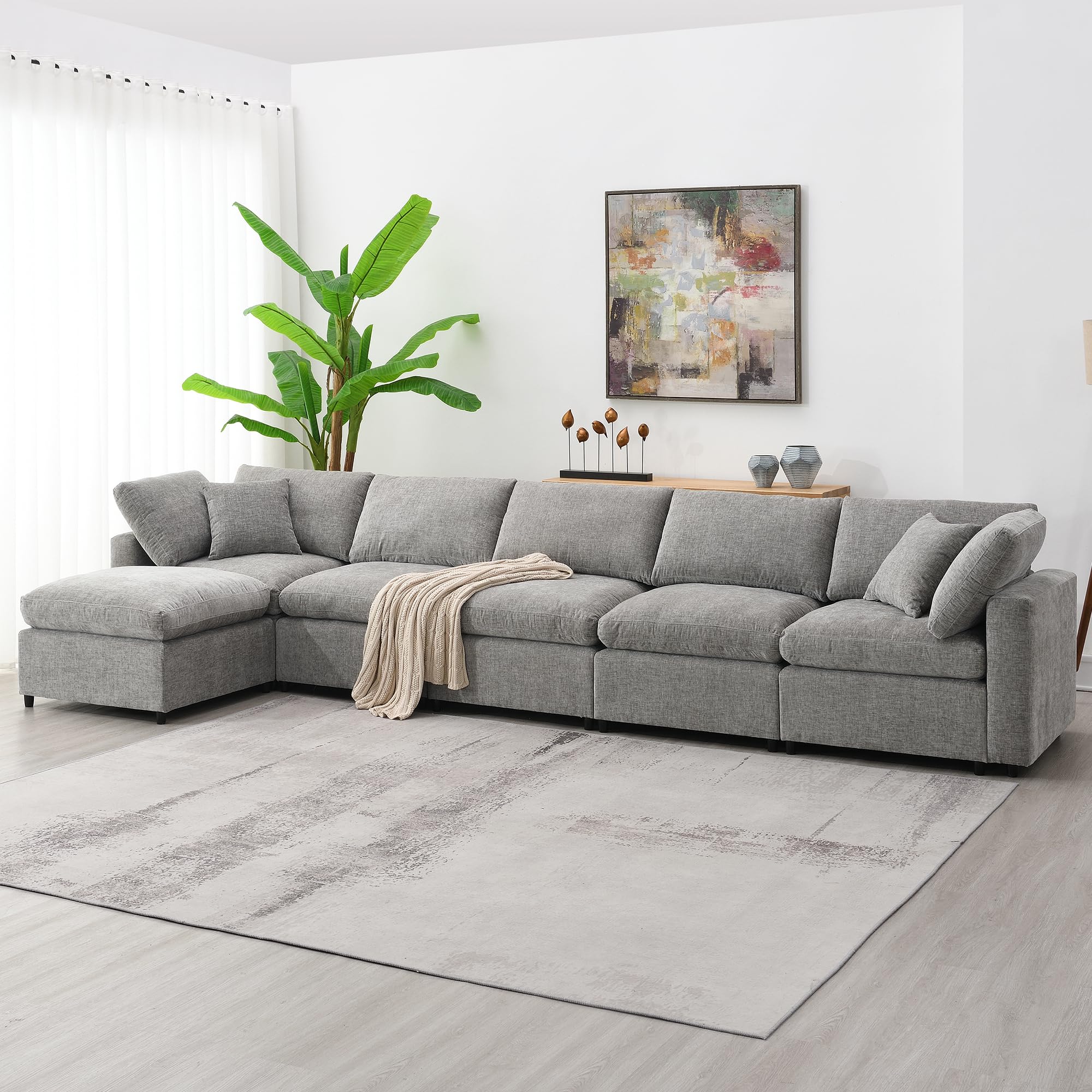 ONEMMLION 130" Modular Sectional Sofa Cloud Couches for Living Room, Convertible Oversized Sectional Sleeper Sofa Bed, Modern Deep Seat Comfy Fluffy Chenille 6 Seat U Shaped Couch with Ottoman, Grey