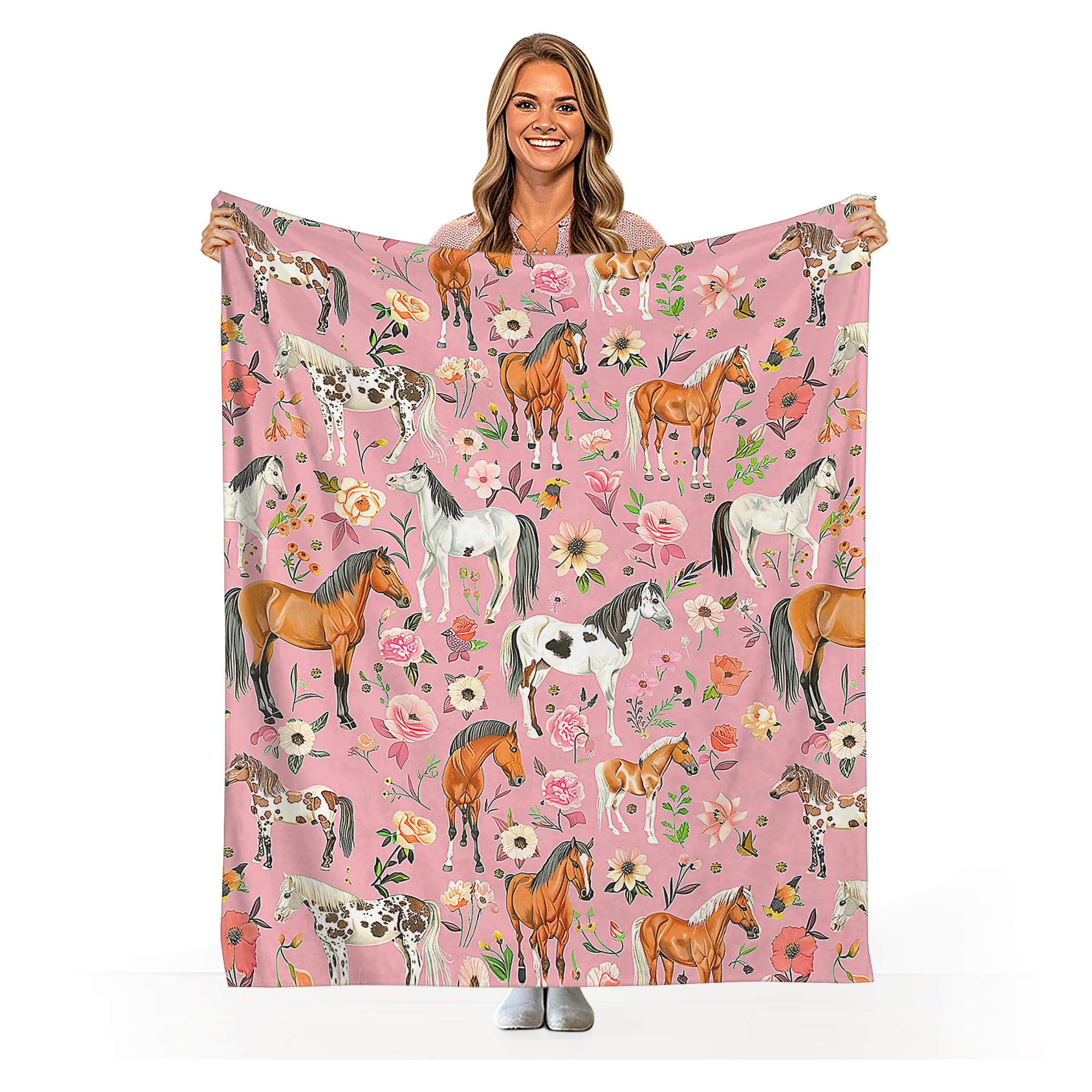 Ooeiiiy Horse and Flowers Blanket, Gifts for Girls Woman, Super Soft Warm Flannel Horse Throw Blankets, Sofa Office Lightweight Blanket, Cute Animal Horses Print Blanket 50x40 in