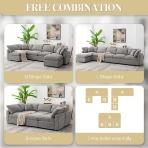 ONEMMLION 130" Modular Sectional Sofa Cloud Couches for Living Room, Convertible Oversized Sectional Sleeper Sofa Bed, Modern Deep Seat Comfy Fluffy Chenille 6 Seat U Shaped Couch with Ottoman, Grey